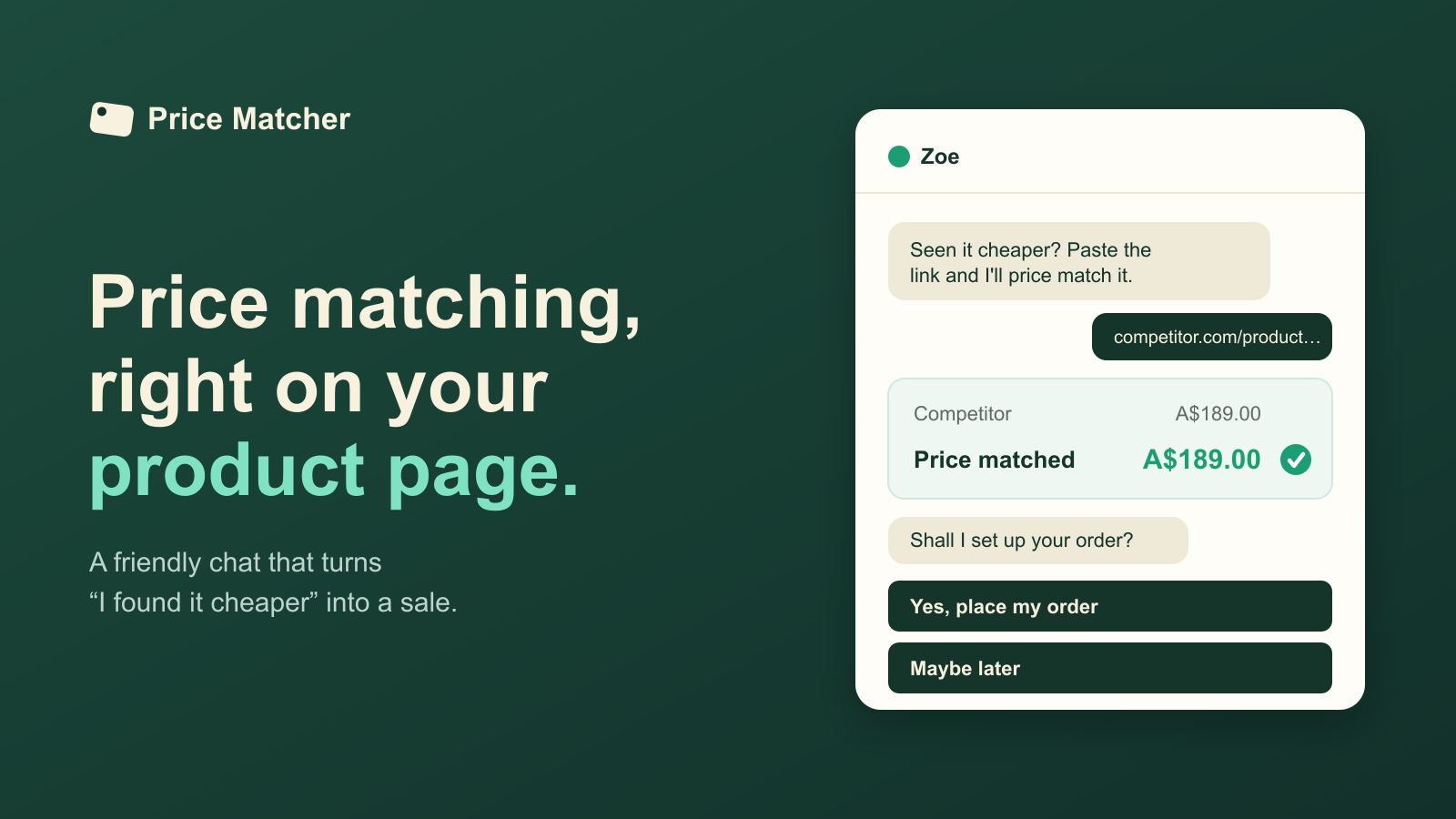 Price Matcher storefront chat matching a competitor's price and beating it