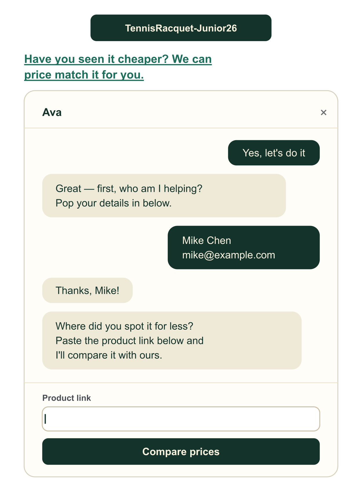 Storefront chat asking the shopper to paste a competitor link